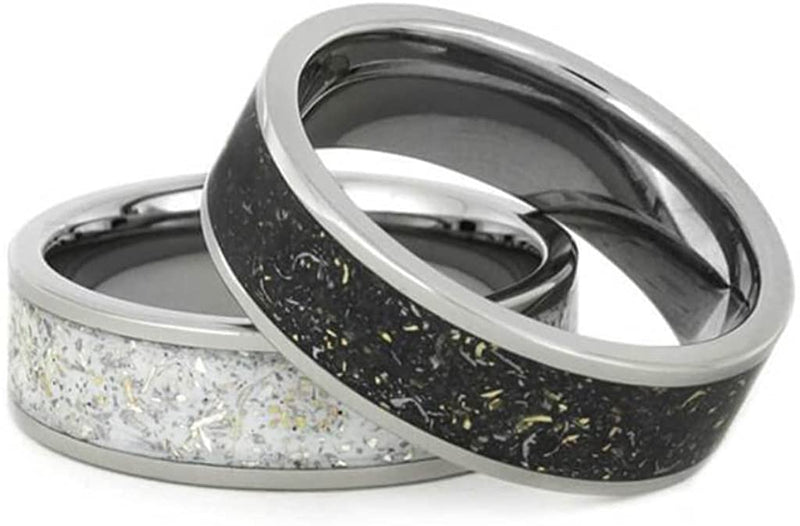 Couples White Stardust Titanium Band and Black Stardust Titanium Band with Meteorite and Gold Set Size, M13.5-F4.5