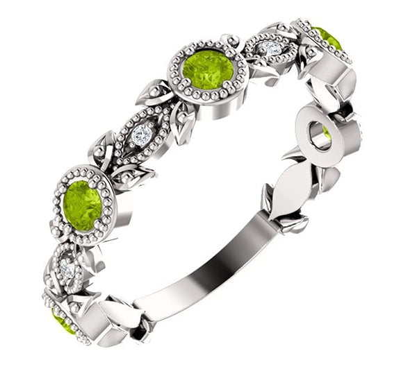 Peridot and Diamond Vintage-Style Ring, Rhodium-Plated Sterling Silver (0.03 Ctw, G-H Color, I1 Clarity)