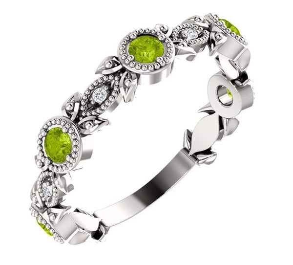 Peridot and Diamond Vintage-Style Ring, Rhodium-Plated 14k White Gold (0.03 Ctw, G-H Color, I1 Clarity)