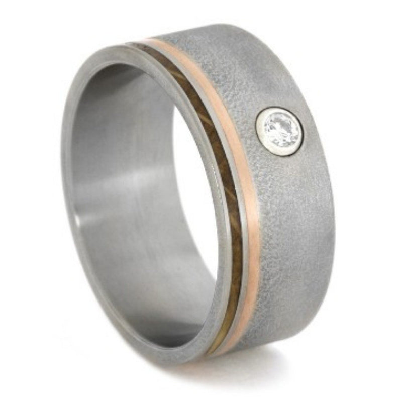 Flush Set Diamond, Whiskey Barrel Wood and Copper 10mm Comfort-Fit Frosted Titanium Wedding Band