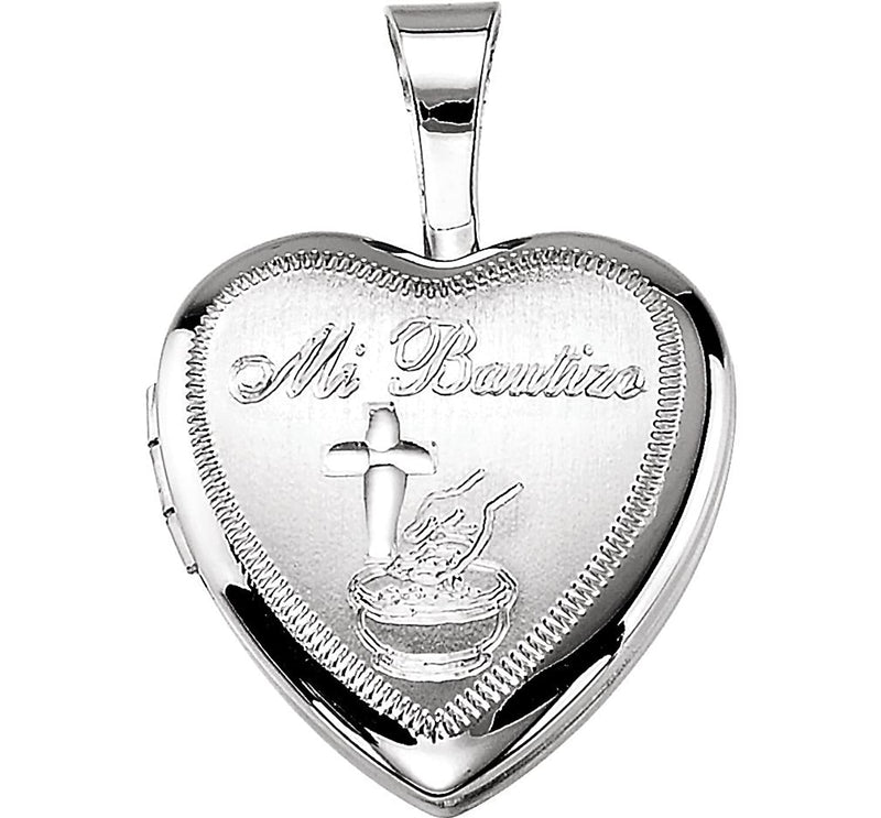 Girl's Sterling Silver 'Mi Bautizo' Latin Cross Heart Locket Pendant