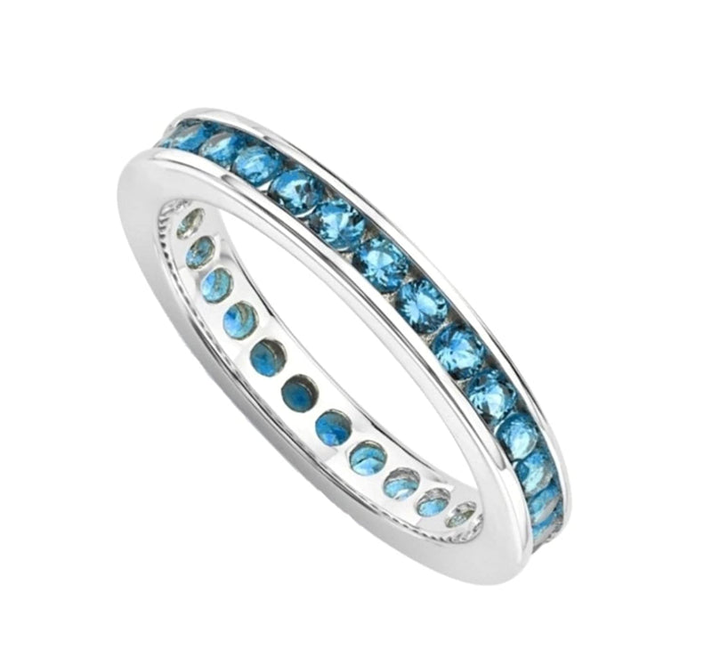 The Men's Jewelry Store (for HER) Aqua Blue CZ Mirror Polished Rhodium Plated Sterling Silver Eternity Ring
