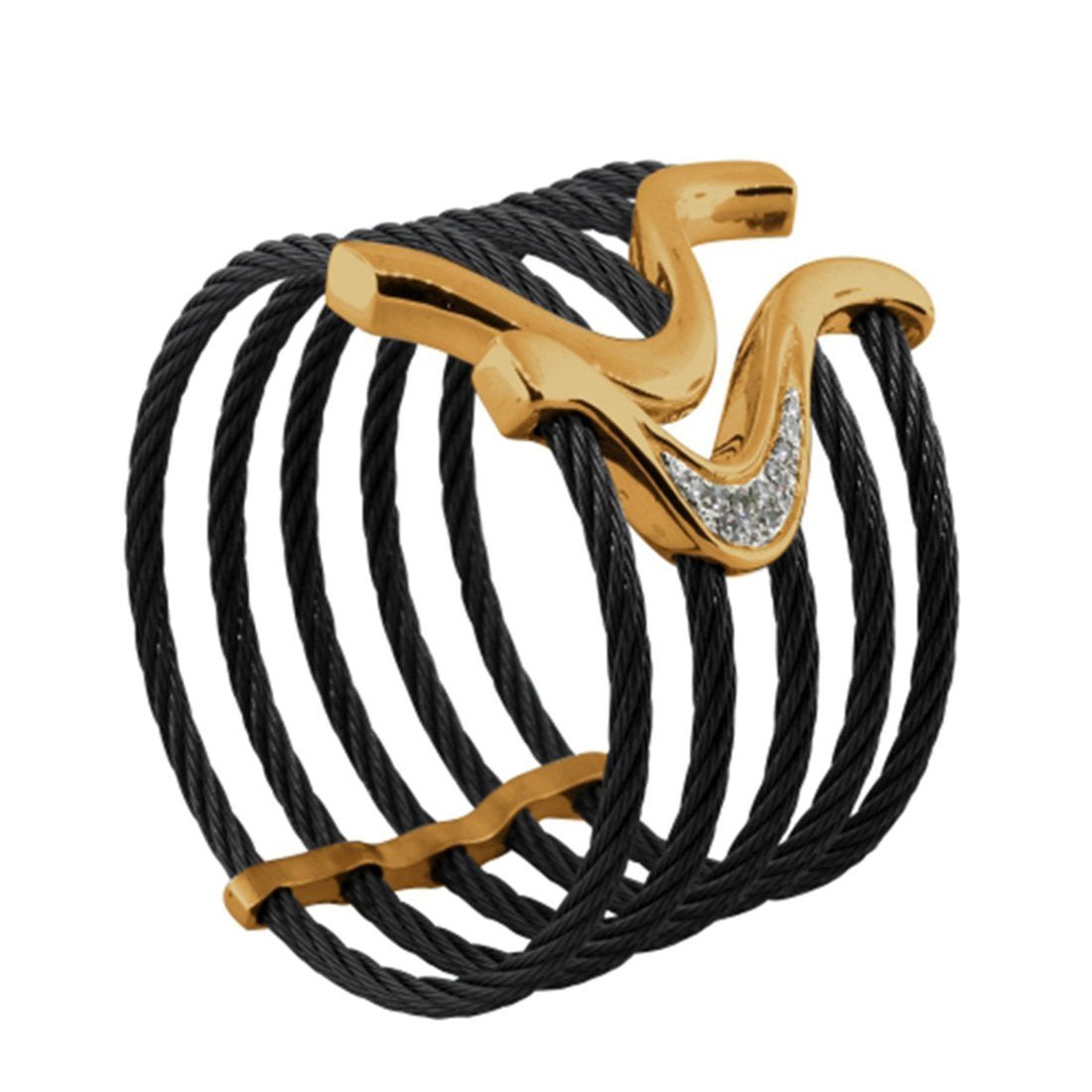 Tango Collection Black Titanium and Bronze Cable 44mm White Sapphire Flexible Cuff Bracelet, 6"