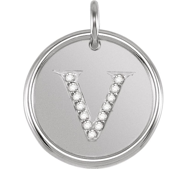 Diamond Initial "V" Pendant, Rhodium-Plated 14k White Gold (.06 Ctw, Color GH, Clarity I1)