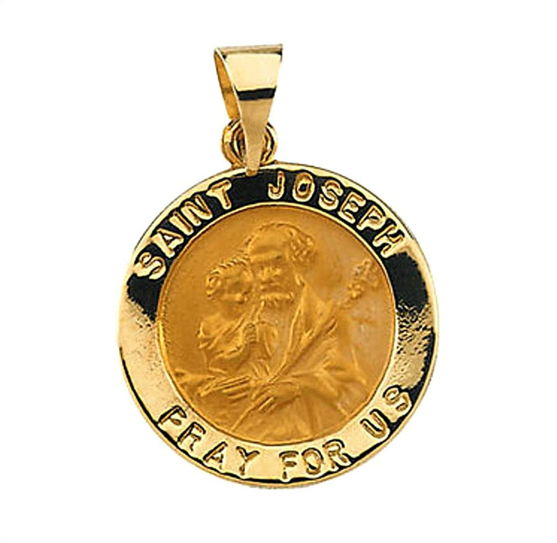 Rhodium Plated 14k Yellow Gold Hollow Round St. Joseph Medal (18.25 MM)