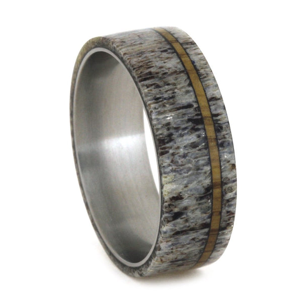 Deer Antler, Oak Wood Pinstripe 8mm Comfort-Fit Titanium Wedding Band, Size 11.25