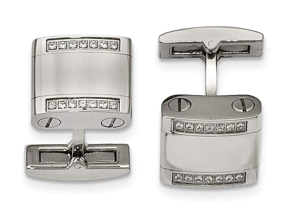 Stainless Steel Polished Cubic Zirconia Square Cuff Links