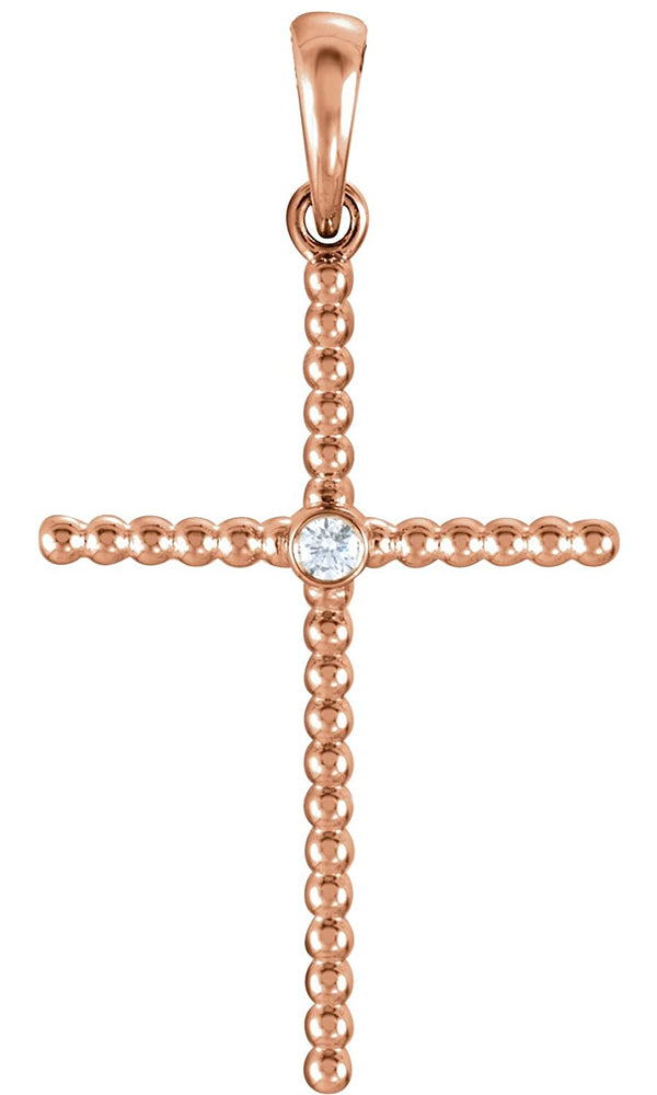 Diamond Beaded Cross 14k Rose Gold Pendant (.03 Ct, G-H Color, I1 Clarity)