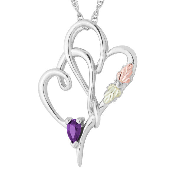 Petite Pear Amethyst with Dual Heart Pendant Necklace, Sterling Silver, 12k Green and Rose Gold Black Hills Silver Motif, 18"