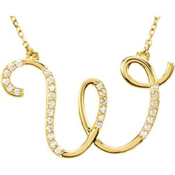 14k Yellow Gold Alphabet Initial Letter W Diamond Pendant Necklace, 17" (GH Color, I1 Clarity, 1/6 Cttw)