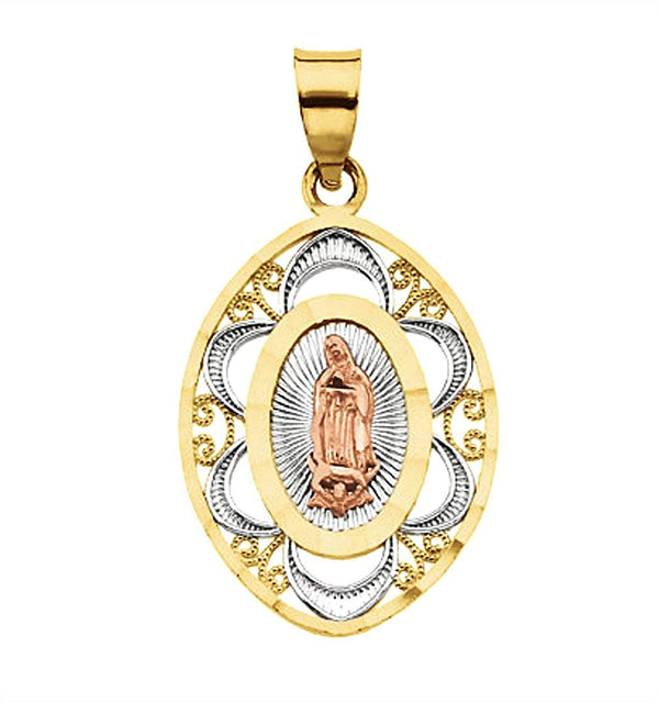 Rhodium-Plated 14k Yellow and Rose Gold Tri-Color Oval Lady of Guadalupe Pendant (17.75x13.5MM)