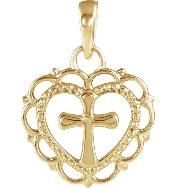 Scalloped Heart with Cross 14k Yellow Gold Youth Pendant (15.50X11.70 MM)