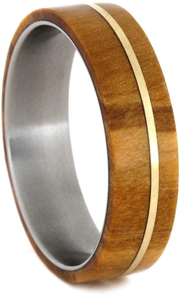 Olive Wood, 14k Yellow Gold Pinstripe 6.5mm Comfort-Fit Matte Titanium Wedding Band, Size 4