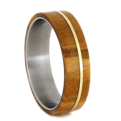 Olive Wood, 14k Yellow Gold Pinstripe 6.5mm Comfort-Fit Matte Titanium Wedding Band