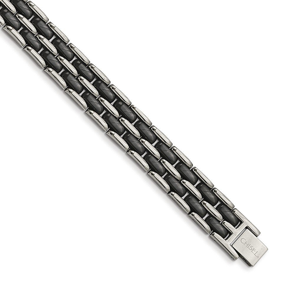 Men's Polished Stainless Steel Double Row Black Ceramic Link Bracelet, 8.25"