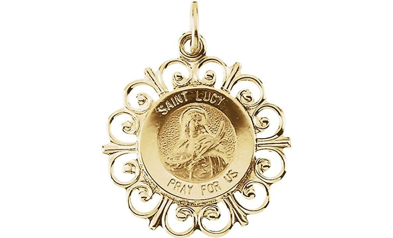Rhodium Plated 14k Yellow Gold Round Hollow St. Lucy Medal (18.5MM)
