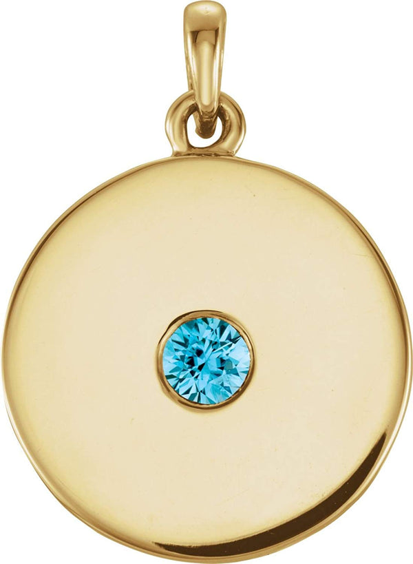 Round Blue Zircon Disc Pendant, 14k Yellow Gold