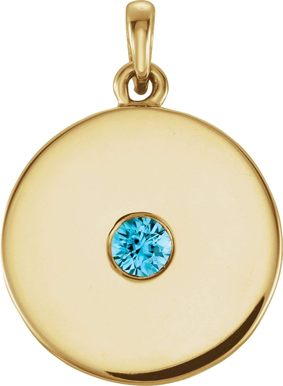 Round Blue Zircon Disc Pendant, 14k Yellow Gold