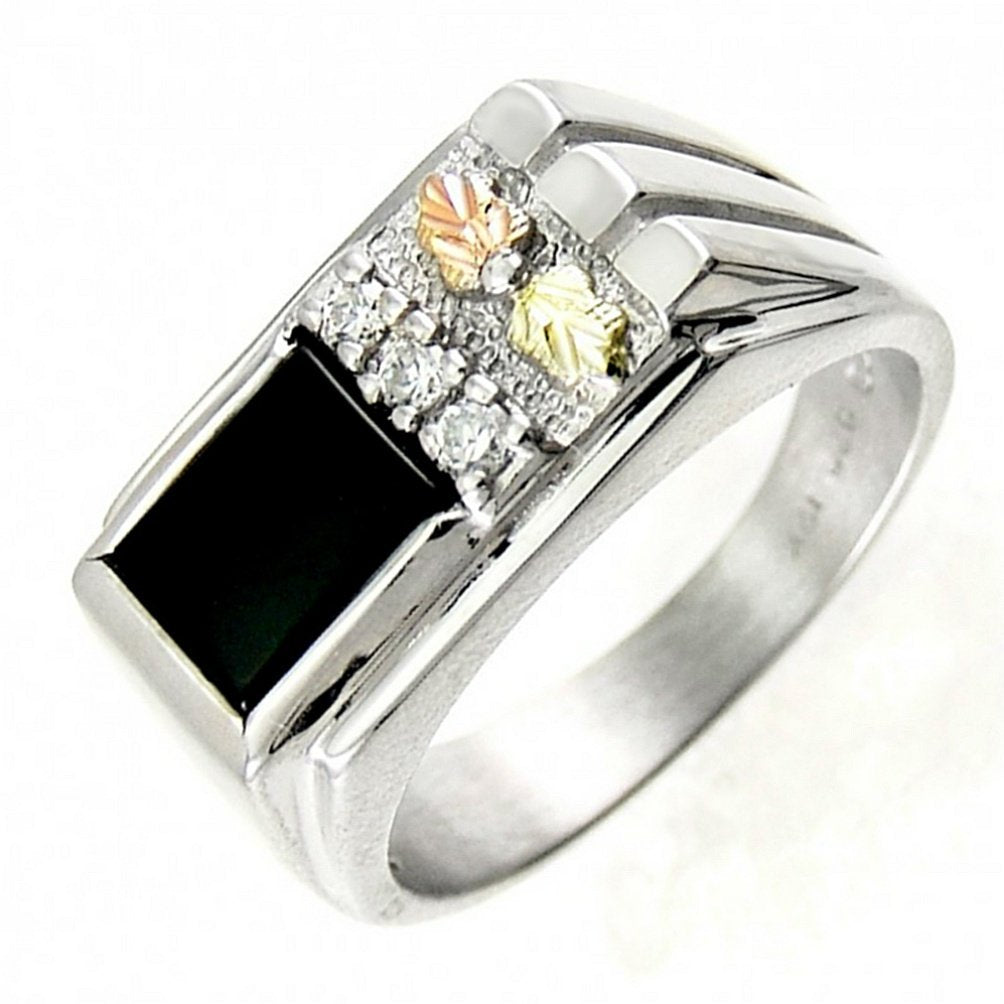 Rectangular Onyx with Cubic Zirconia Ring, Sterling Silver, 12k Green and Rose Gold Black Hills Gold Motif