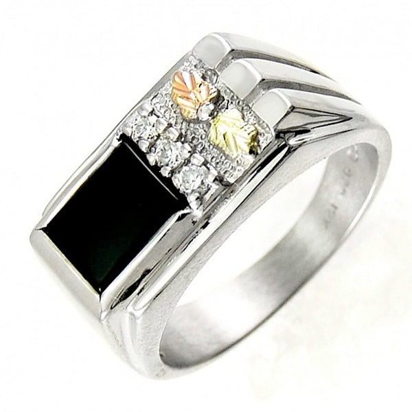 Rectangular Onyx with Cubic Zirconia Ring, Sterling Silver, 12k Green and Rose Gold Black Hills Gold Motif