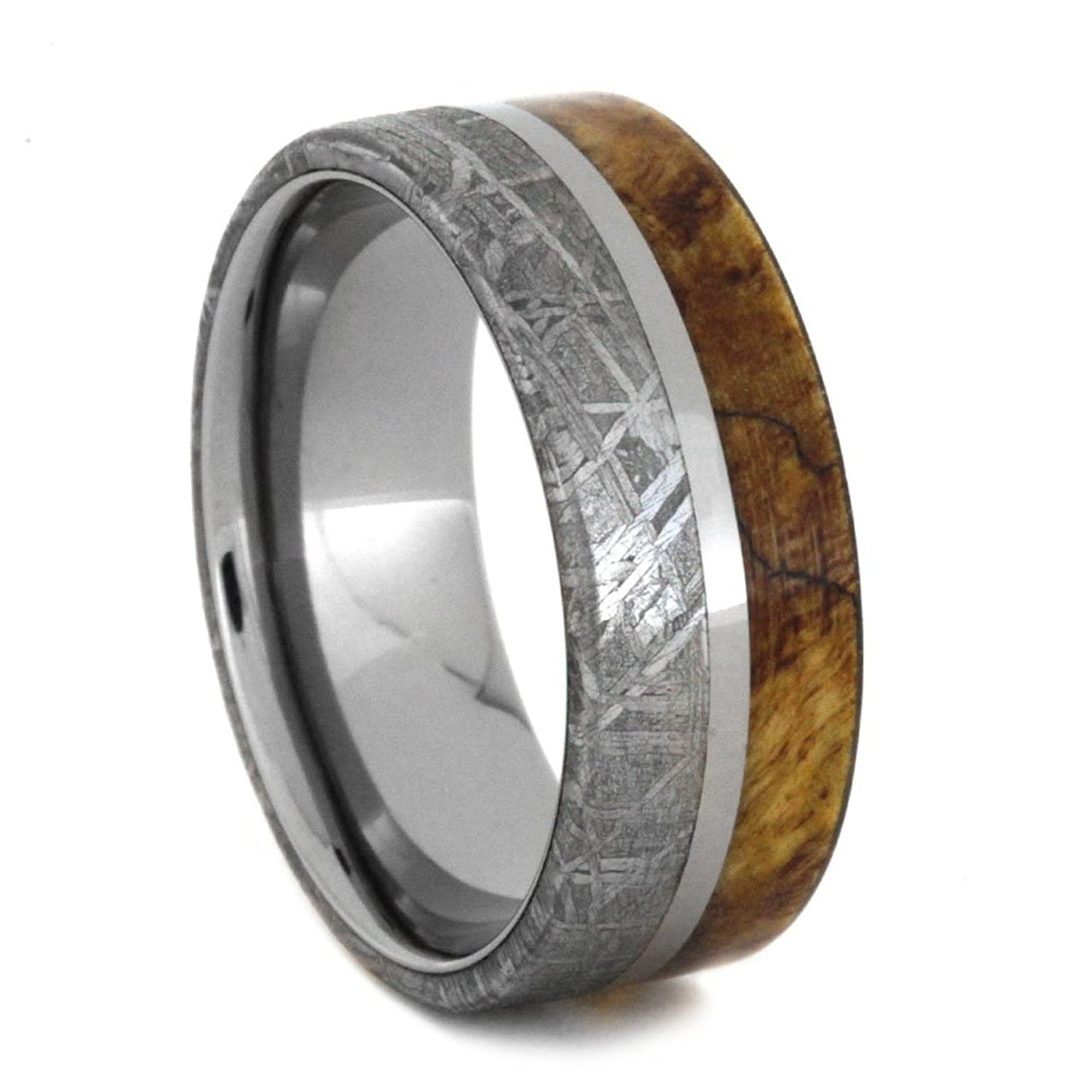 Spalted Maple Burl, Gibeon Meteorite 8mm Comfort-Fit Titanium Ring, Size 8