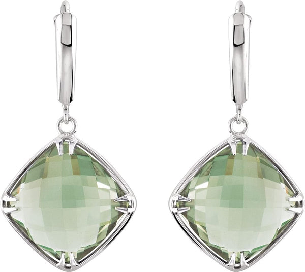 Two-Sided 21 Ctw Checkerboard Antique Cushion Green Quartz Sterling Silver Earrings