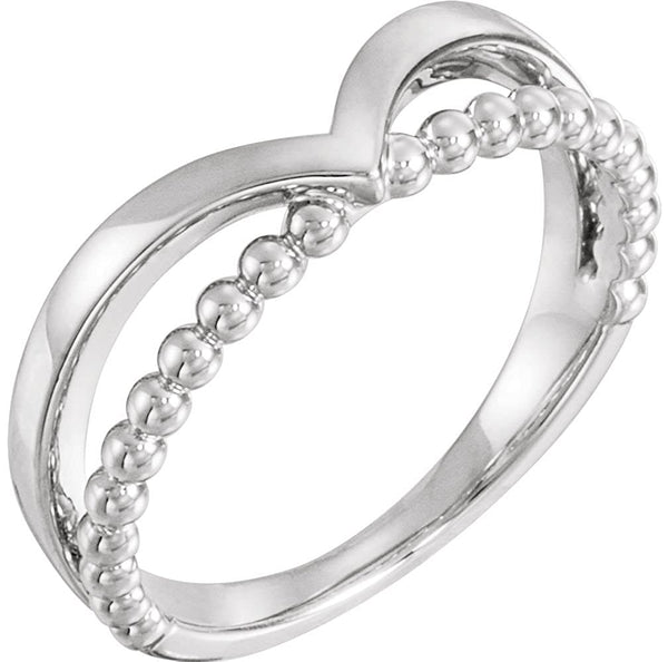 Negative Space Beaded 'V' Ring, Rhodium-Plated 14k White Gold, Size 7.25