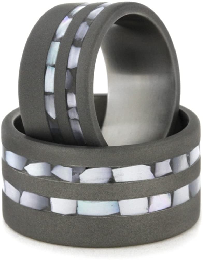 Mother of Pearl Inlay, Sandblasted Comfort-Fit Titanium His and Hers Wedding Band Set, M15.5-F9