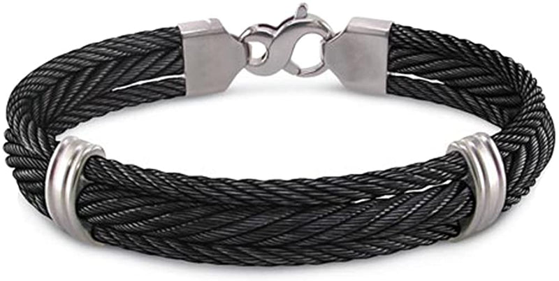 Men's Triple Strand Titanium Black Titanium Memory Cable 11mm Bracelet, 7.5"