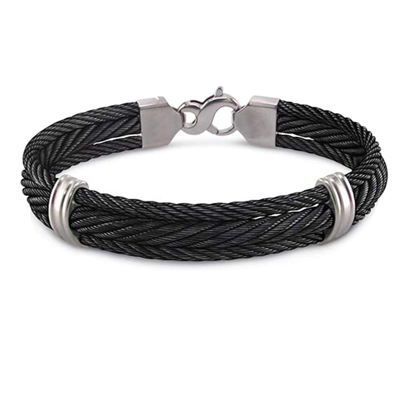 Coffee Stainless Steel Blue Leather Cable Bangle Men's Bracelet -  Bijouterie Langlois