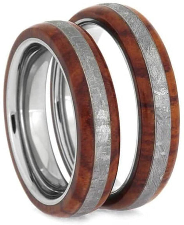His and Hers Gibeon Meteorite, Tulipwood 5mm Comfort-Fit Titanium Band Sizes M15.5-F8
