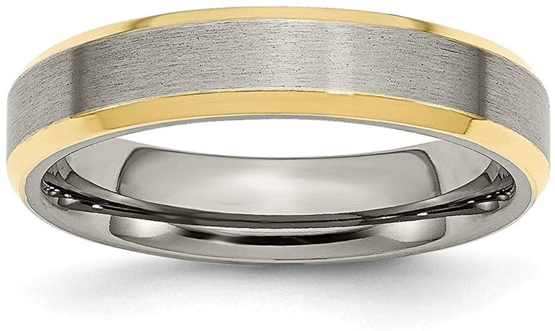 Brushed Grey Titanium, 5mm Yellow IP Beveled Edge Band, Size 10