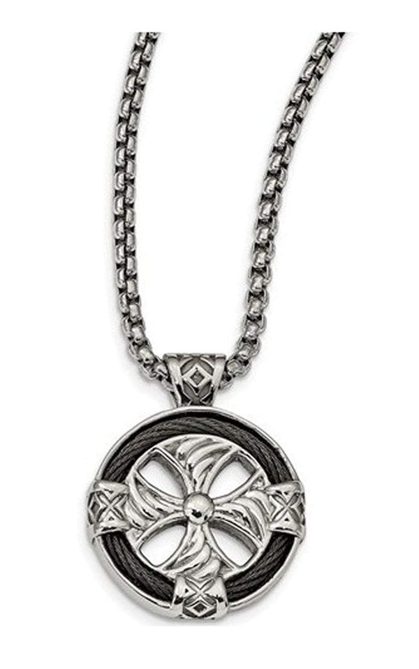 Edward Mirell Stainless Steel and Black Memory Cable Round Cross Necklace, 20"