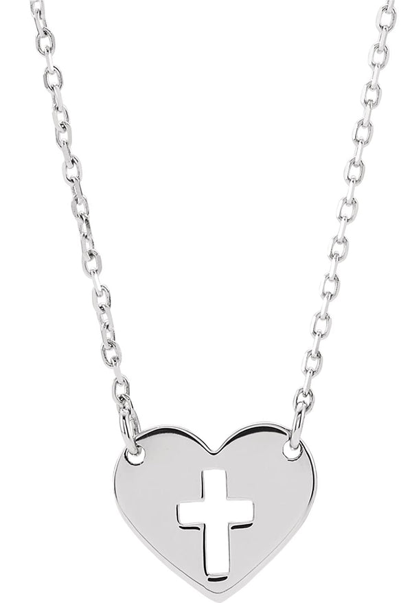 Pierced Cross Heart Sterling Silver Necklace, 18"