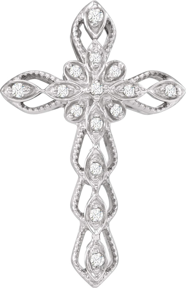 Diamond Milgrain Cross Rhodium-Plated 14k White Gold Pendant (.07 Ctw, H+ Color, I1 Clarity)