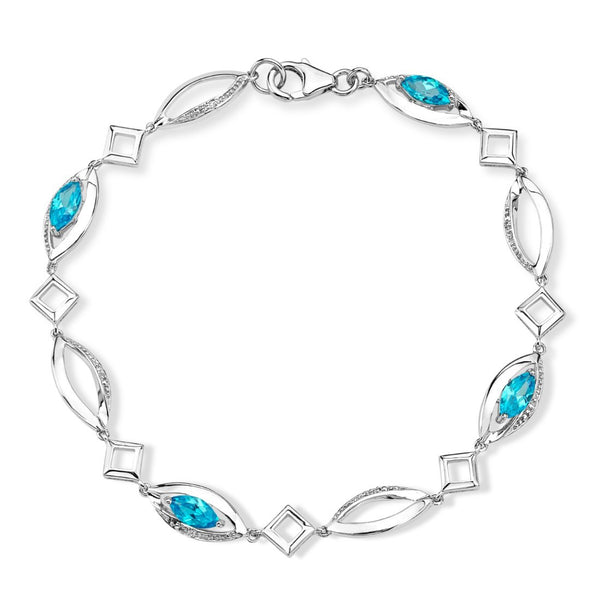 Marquise Blue CZ Rhodium Plate Sterling Silver Bracelet, 7.75 "