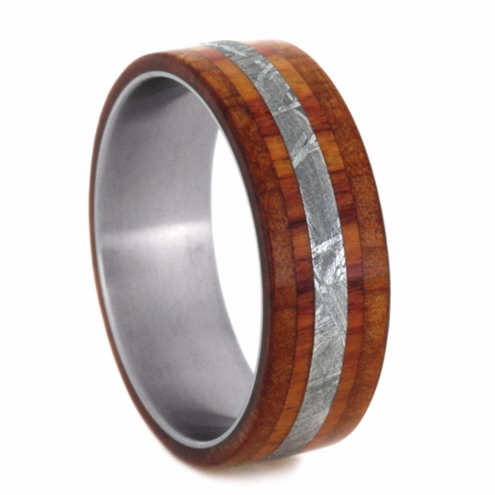 Gibeon Meteorite, Cedar Wood, Tulip Wood 8mm Comfort-Fit Brushed Titanium Wedding Band