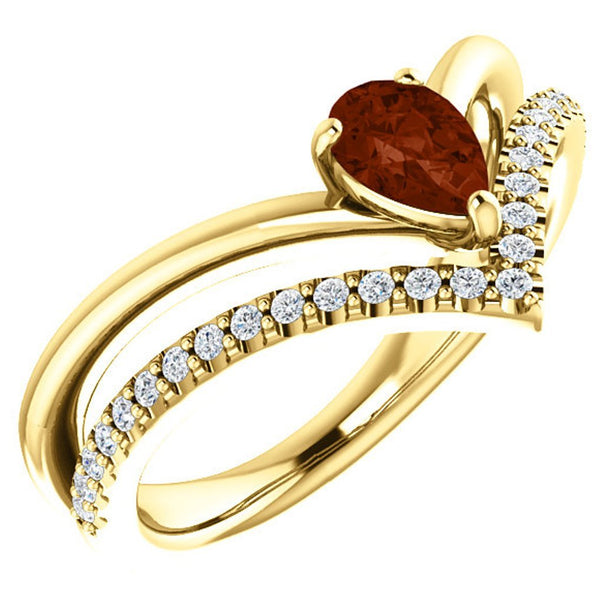 Mozambique Garnet Pear and Diamond Chevron 14k Yellow Gold Ring (.145 Ctw, G-H Color, I1 Clarity), Size 6