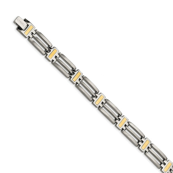 Men's Brushed Grey Titanium 11mm Yellow IP-Plated Link Bracelet, 8.5"