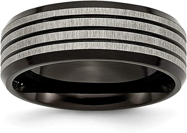 Brushed Grey Titanium Striped, Black IP 8mm Wedding Band, Size 7.5