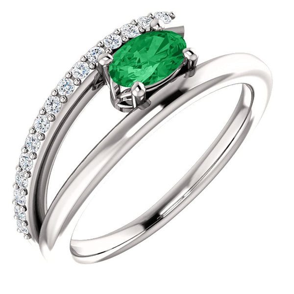 Platinum Chatham Created Emerald and Diamond Bypass Ring (.125 Ctw, G-H Color, S12-S13 Clarity)