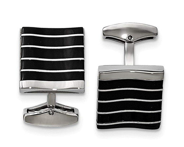 Stainless Steel, Satin Brushed Black Cat's Eye Square Cuff Links,