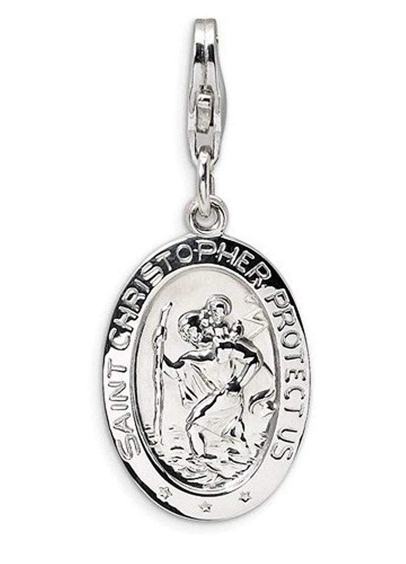 Rhodium-Plated Sterling Silver St. Christopher Medal With Lobster Clasp Charm Pendant (41X13 MM)
