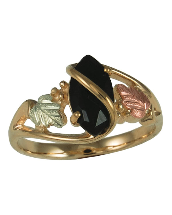 Onyx Marquise Ring, 10k Yellow Gold, 12k Green and Rose Gold Black Hills Gold Motif