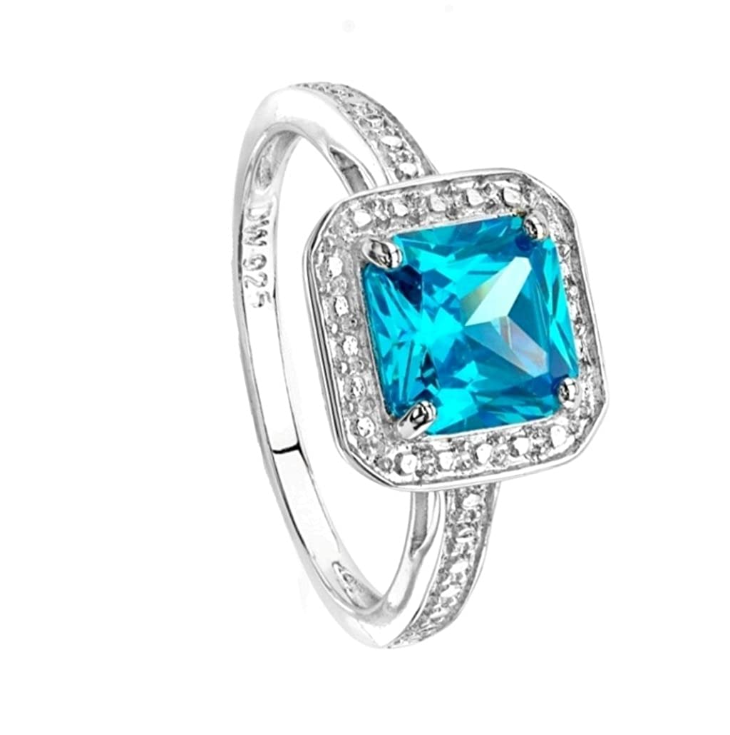 Cushion-Cut Aqua Blue CZ Halo Soft Square Rhodium-Plated Sterling Silver Ring