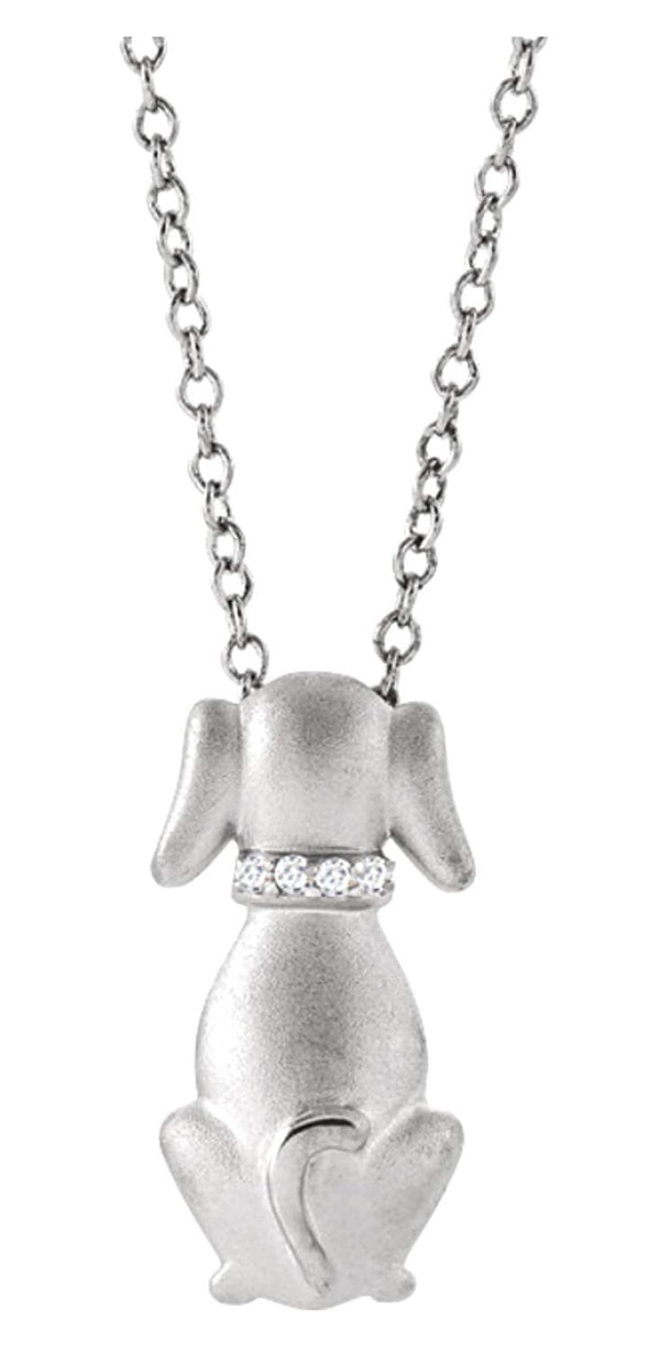 Dog with Diamond Collar Rhodium Plated Sterling Silver Necklace, 18" with Charm Pet Collar Tag