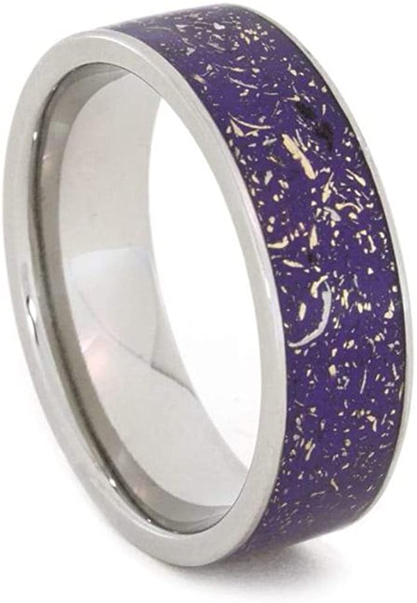 The Men's Jewelry Store (Unisex Jewelry) Purple Stardust with Meteorite and 14k Yellow Gold 7mm Comfort-Fit Titanium Ring, Size 7.5