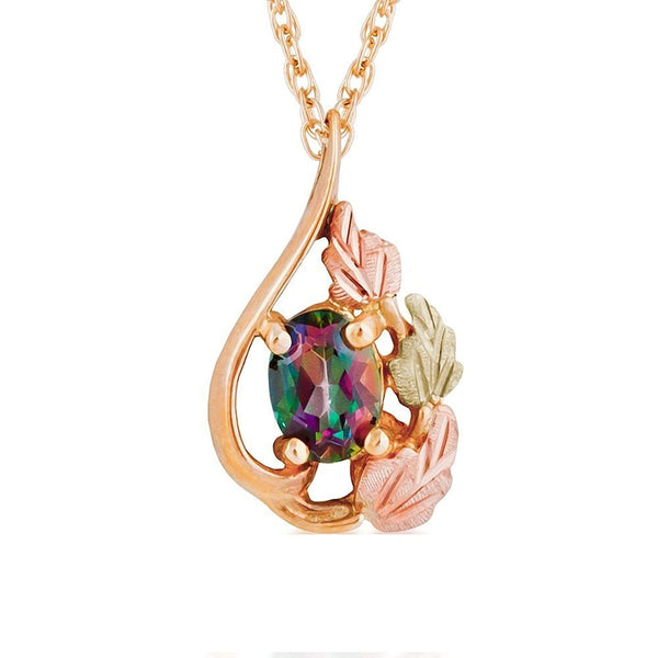 Oval Mystic Fire Topaz Pendant Necklace, 10k Yellow Gold, 12k Green and Rose Gold Black Hills Gold Motif, 18"