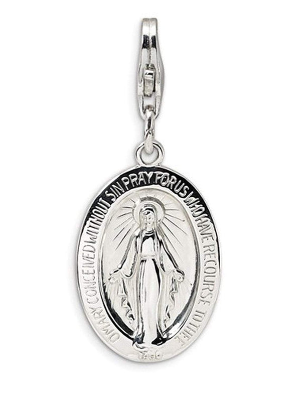 Rhodium-Plated Sterling Silver Miraculous Medal Charm (31X13MM)