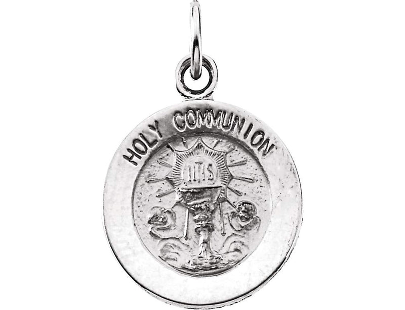 Sterling Silver Round Holy Communion Medal with Chain Necklace, 18" (18x18 MM)